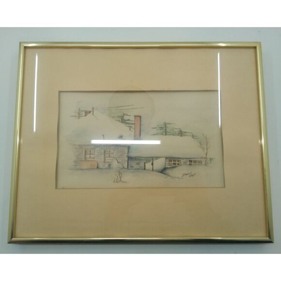 1976 Original Watercolour Winter House Scene Painting Signed Sherwin Art - Picture 1 of 3